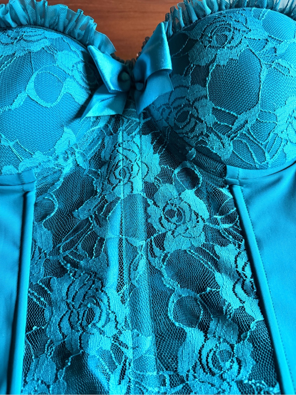 TEAL (not blue) sexy Lace Bustier Corset Eye hooks top to bottom in back W - L